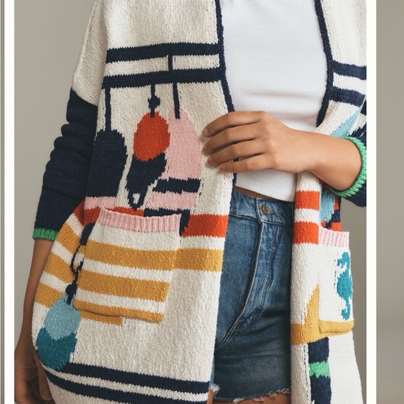 Anthropologie Maeve Whale Seahorse Sea Life Cardigan Statement Knit Sweater  S/M - Picture 4 of 9